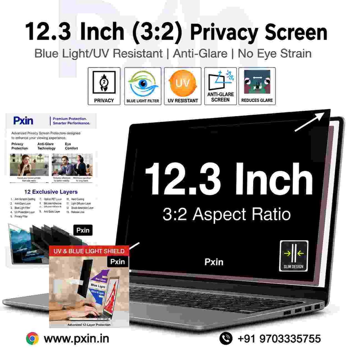 12.2 / 12.3 inch (3:2) Laptop Pro Privacy (Anti Blue Light & Anti Glare) Screen Guard - Image 1