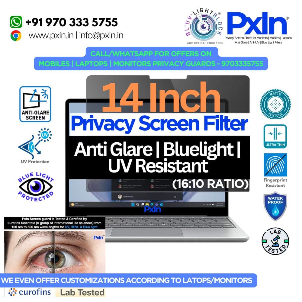 14 inch (16:10) Laptop - Pro Privacy Screen Guard | Anti Glare | Anti Blue Light | UV(A/B/C) Block | PXIN - Image 1
