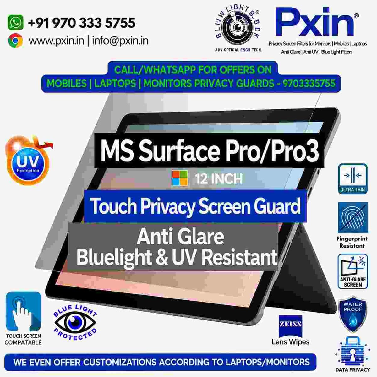 Surface Pro 3 12 inch Privacy (Anti Blue Light & Anti Glare) Screen Guard | Touch Sensitive - Image 1